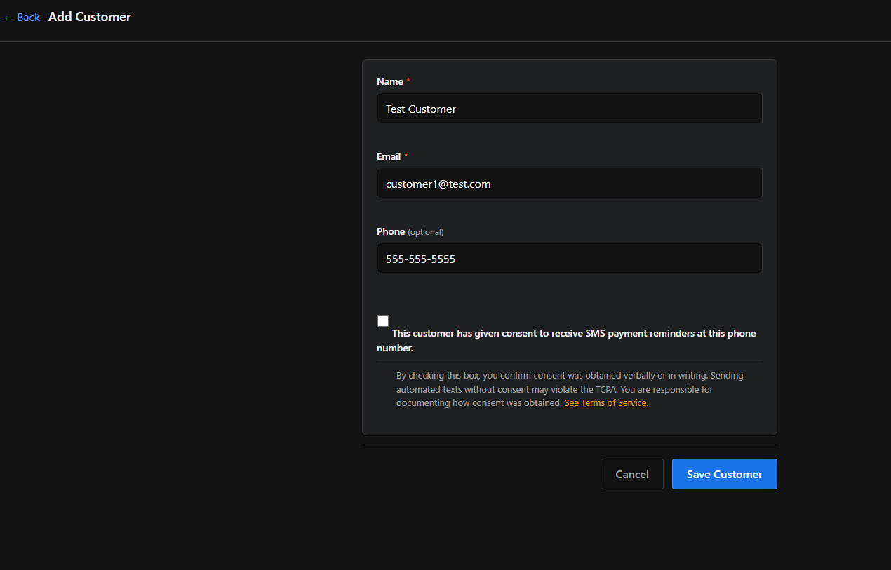 Nudge app Add Customer form showing the SMS consent checkbox appearing after a phone number is entered