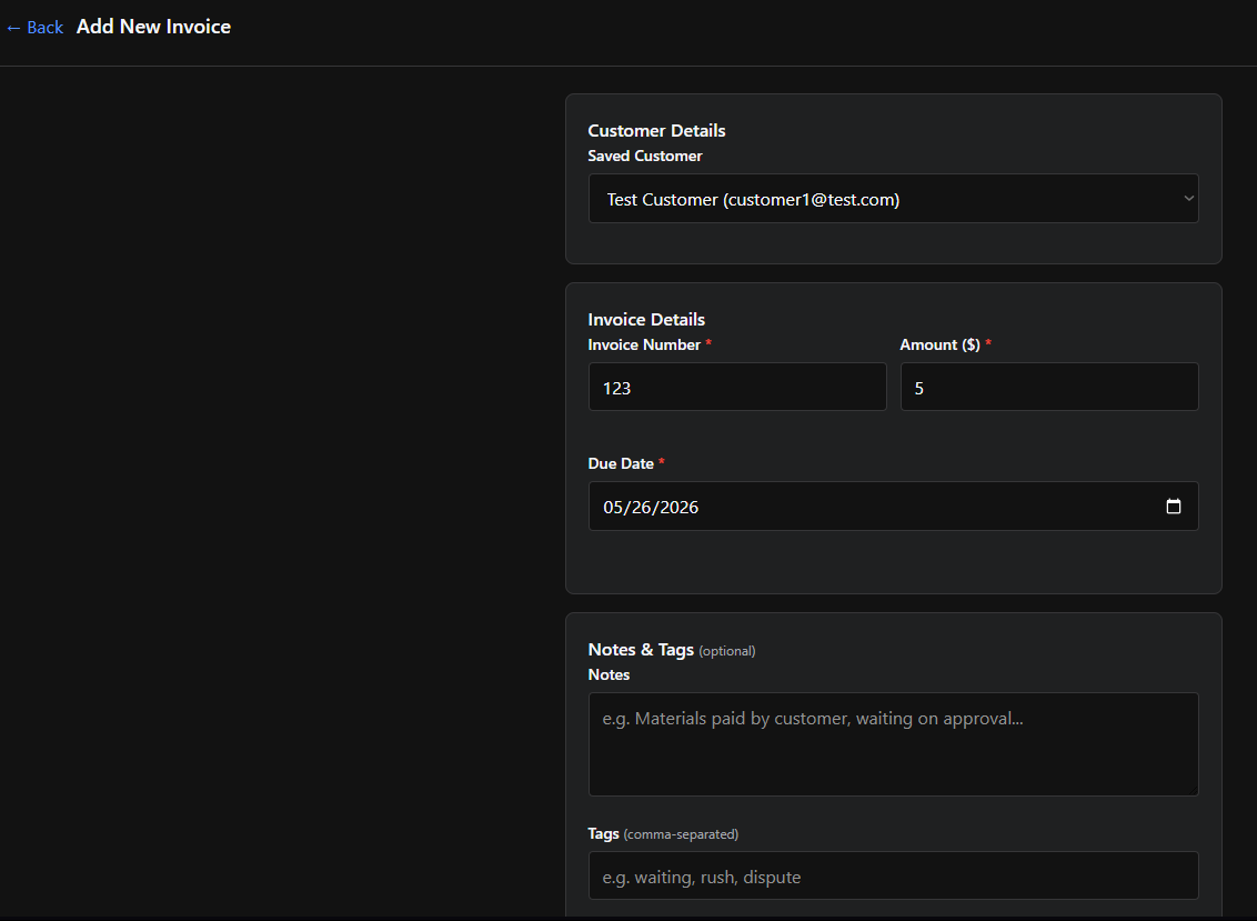 Nudge app Add New Invoice form with a saved customer selected