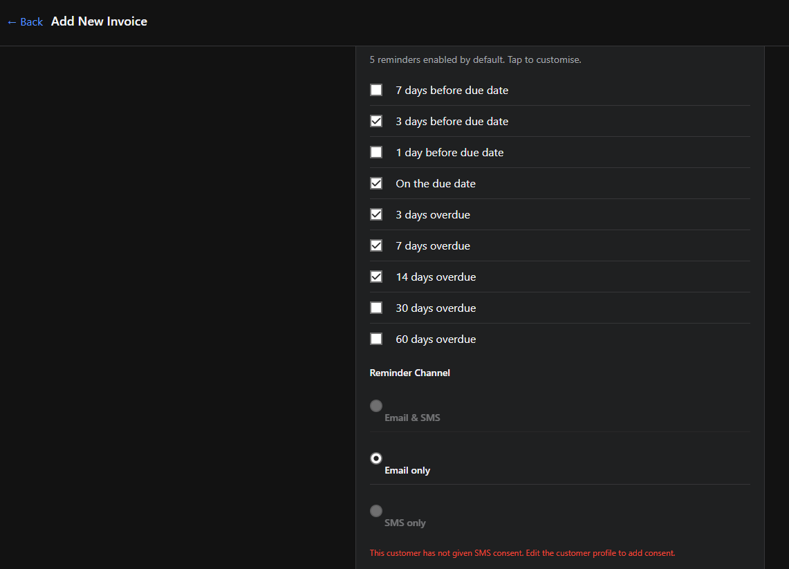 Nudge app invoice form showing Email and SMS and SMS-only reminder channels disabled with red warning: This customer has not given SMS consent